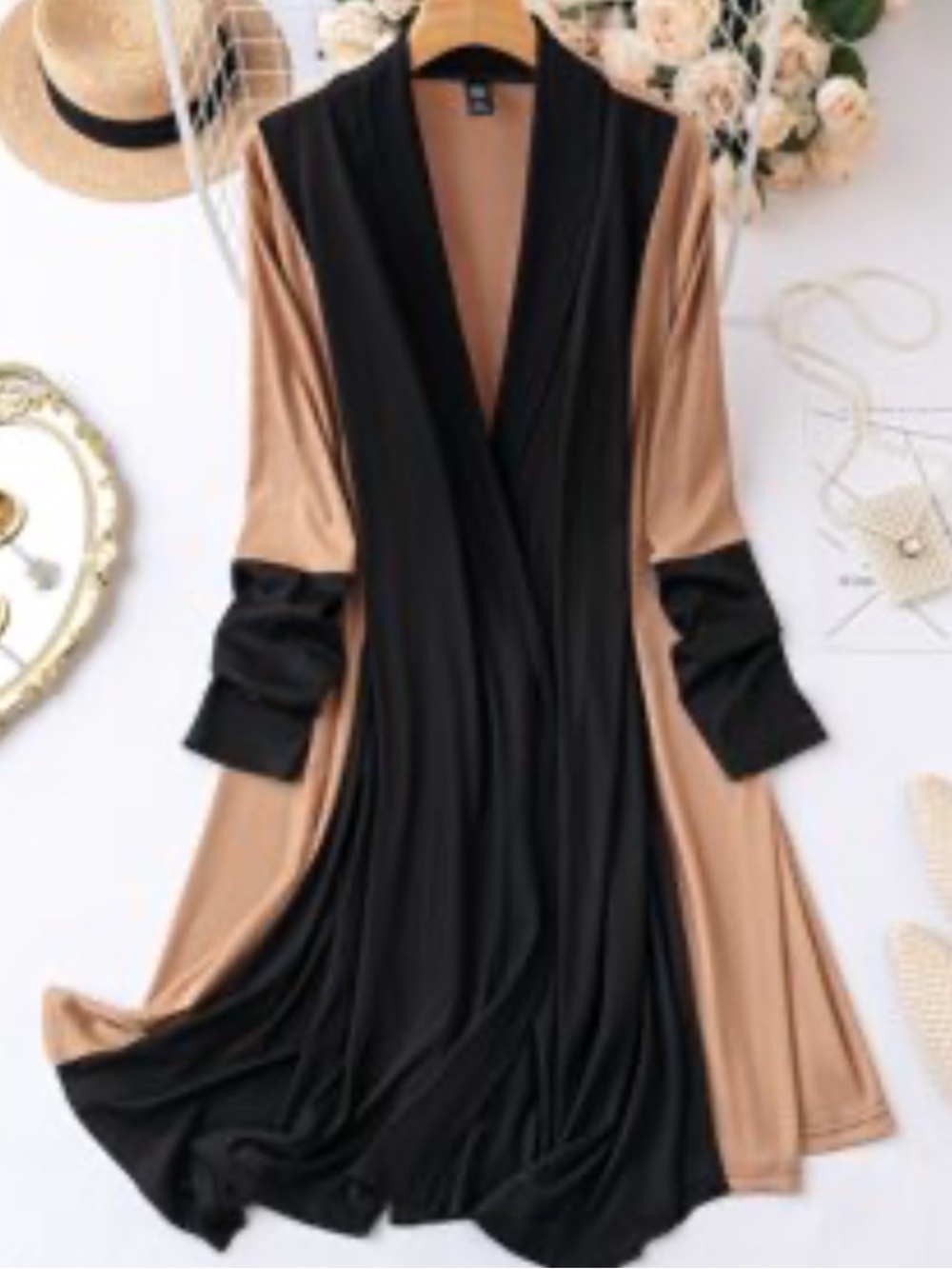 Two-Tone Black and Camel Open Front Cardigan